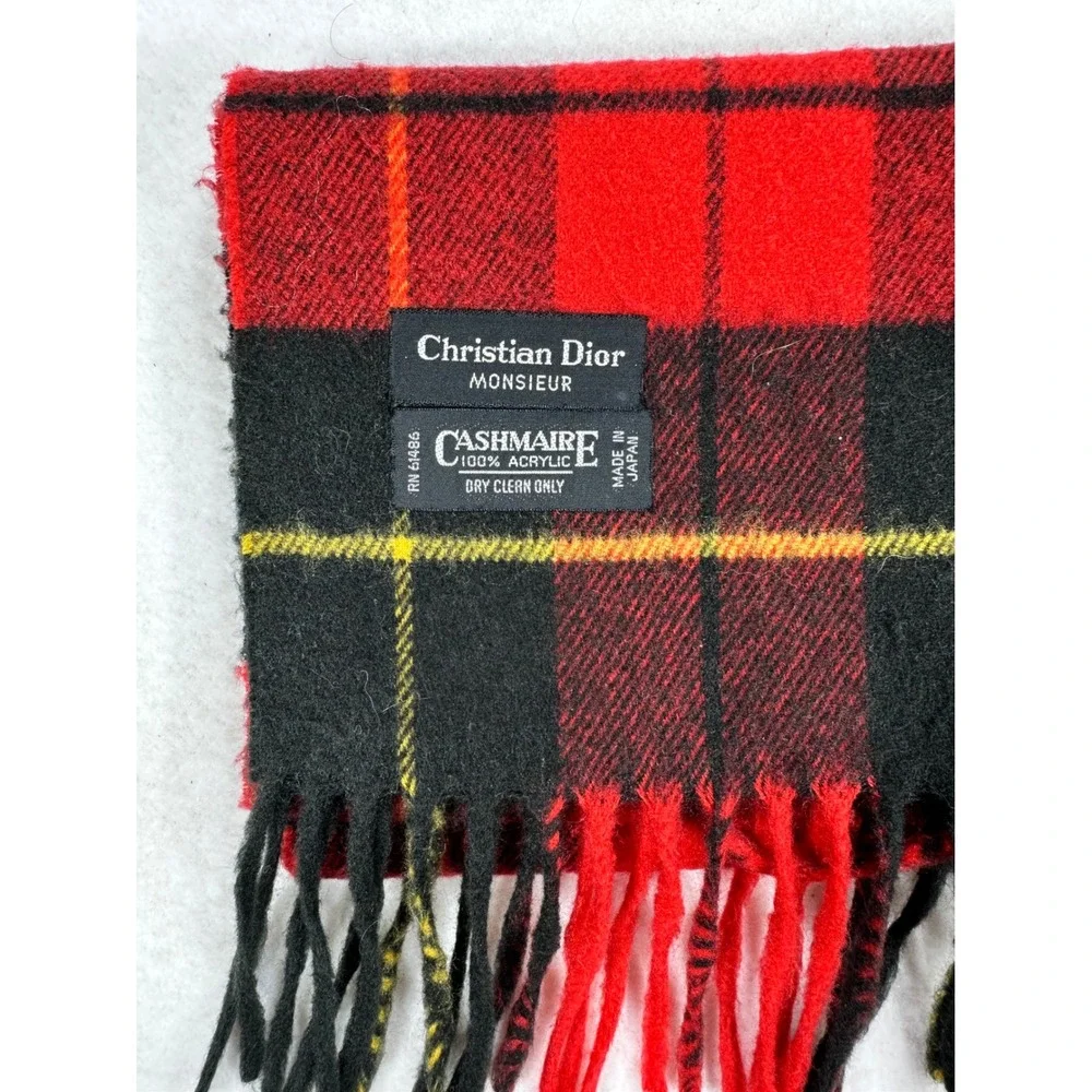 Christian Dior Monsieur Scarf Red Black Plaid Cashmaire Acrylic Vintage Japan